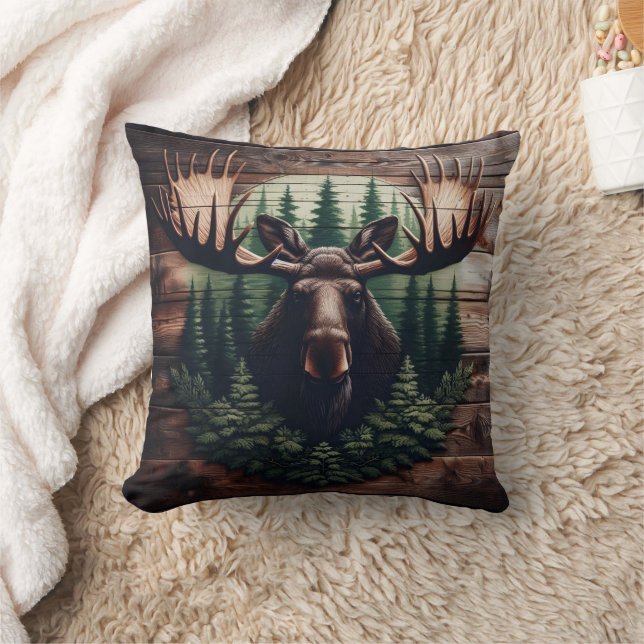 Majestic Moose Art Surrounded by Pine Trees Throw Pillow (Blanket)