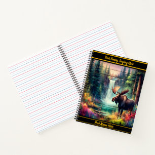 Majestic moose by a vibrant waterfall at sunset notebook