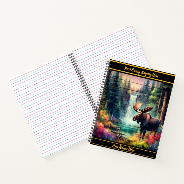 Majestic moose by a vibrant waterfall at sunset notebook (Inside)