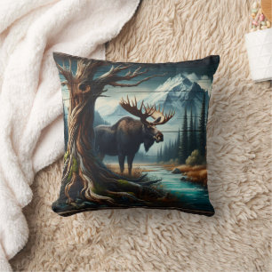 Majestic Moose by Mountain River at Dusk Throw Pillow