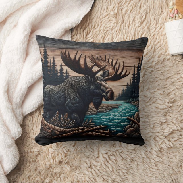 Majestic Moose by Serene Forest River Throw Pillow (Blanket)