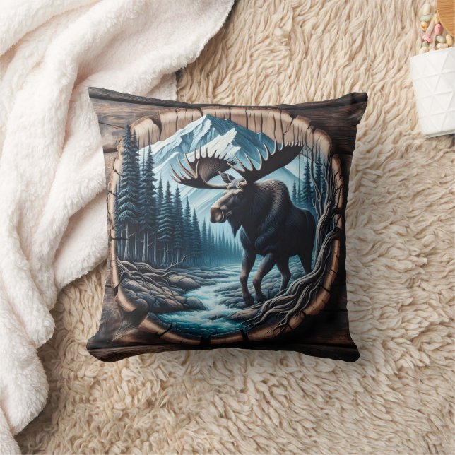 Majestic Moose by Stream in Mountain Landscape Throw Pillow (Blanket)