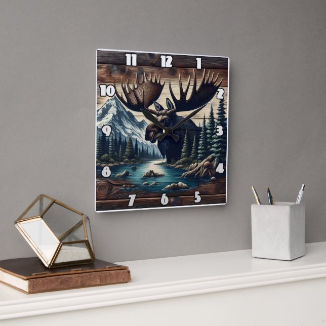 Majestic Moose by the Mountain River at Dusk Square Wall Clock (Office)