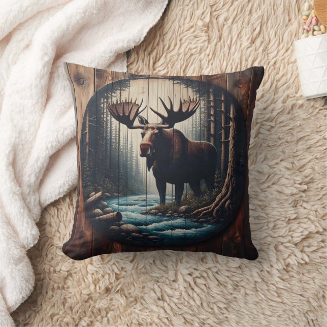 Majestic Moose by the River in Dense Forest Throw Pillow (Blanket)