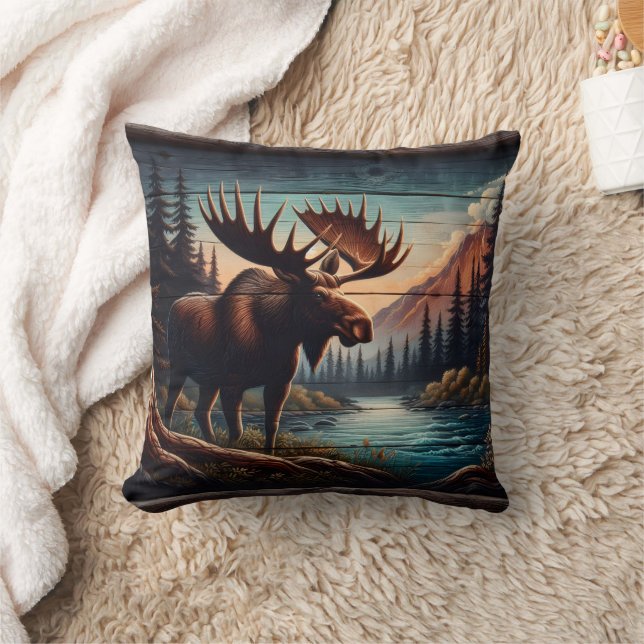Majestic Moose by Tranquil Mountain Stream Throw Pillow (Blanket)