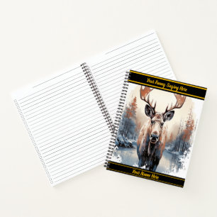 Majestic moose gazes over tranquil winter lake notebook