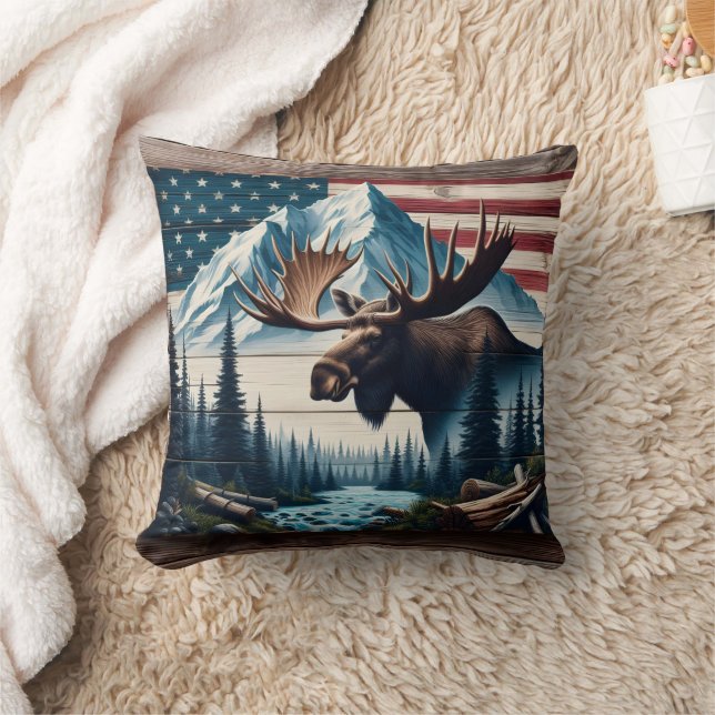 Majestic Moose in Front of Mountains and Flag Throw Pillow (Blanket)