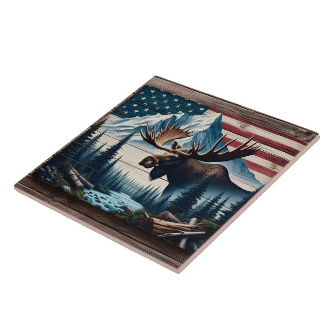 Majestic Moose in Front of Mountains and Flag Tile (Side)