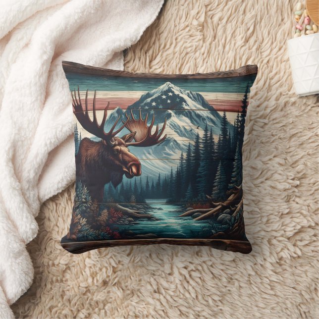 Majestic Moose in Scenic Mountain Landscape Throw Pillow (Blanket)