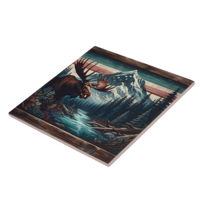 Majestic Moose in Scenic Mountain Landscape Tile (Side)