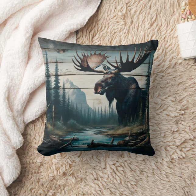 Majestic Moose in Serene Forest Landscape Throw Pillow (Blanket)