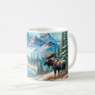 Majestic Moose in Snowy Mountain Landscape  Coffee Mug