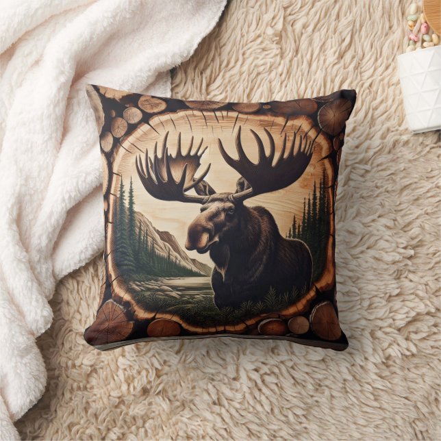 Majestic Moose in Woodland Setting With Logs Throw Pillow (Blanket)