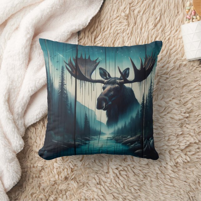 Majestic Moose Overlooking Serene River Landscape Throw Pillow (Blanket)