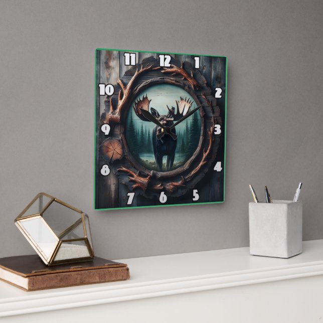 Majestic Moose Portrait in Rustic Frame Square Wall Clock (Office)