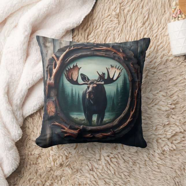 Majestic Moose Portrait in Rustic Frame Throw Pillow (Blanket)