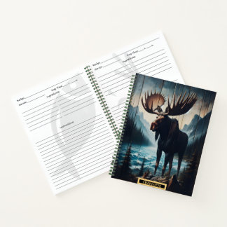 Majestic moose standing by a serene mountain lake notebook