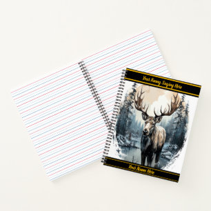 Majestic moose standing by a tranquil forest lake notebook