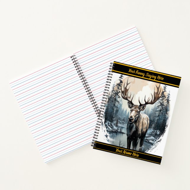 Majestic moose standing by a tranquil forest lake notebook (Inside)