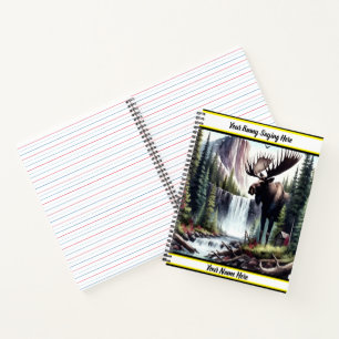 Majestic moose standing by a tranquil waterfall notebook