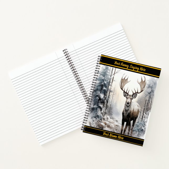 Majestic moose standing in a snowy forest at dawn notebook (Inside)