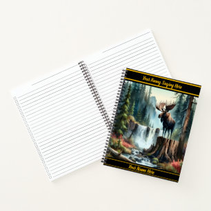 Majestic moose standing proudly beside a waterfall notebook