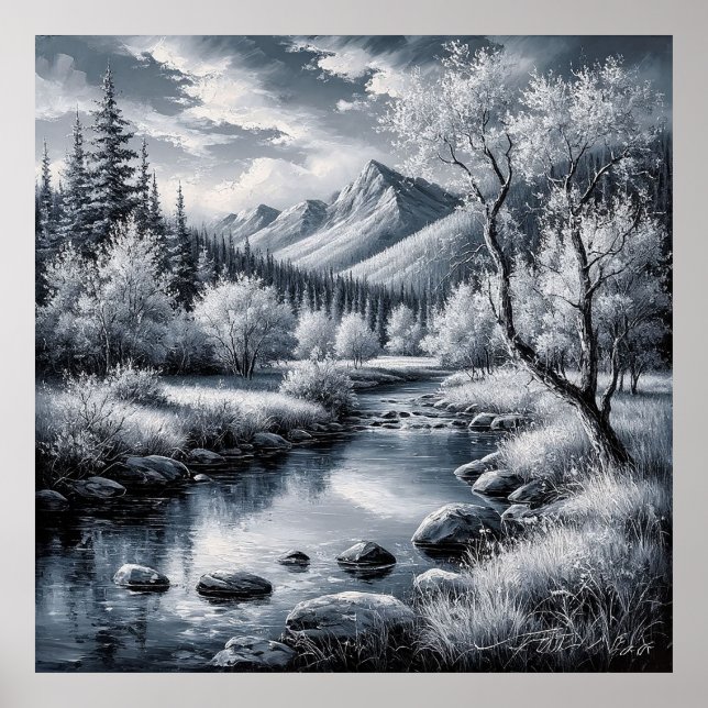 Majestic Mountain Landscape With River,Pine Trees Poster (Front)