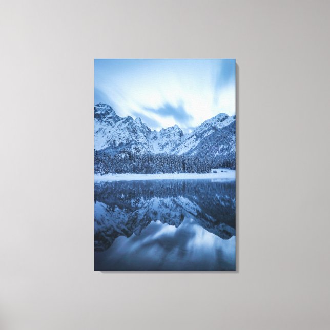 Majestic mountain Mangart reflection Fusine lake Canvas Print (Front)