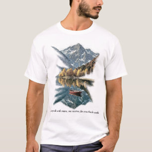 Majestic Mountain Reflection & Red Boat Nature Art T-Shirt