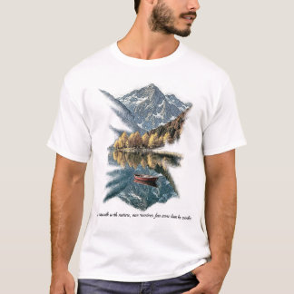 Majestic Mountain Reflection & Red Boat Nature Art T-Shirt