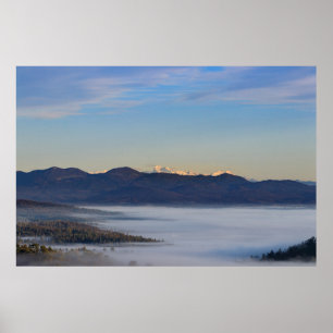Majestic mountain Triglav with fog in valley Poster