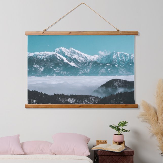 Majestic mountains rising over foggy valley hanging tapestry (Bedroom)