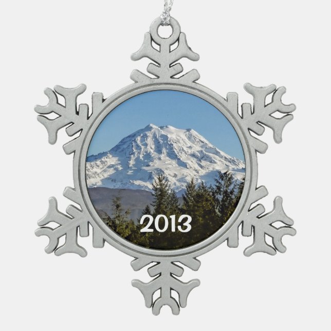 Majestic Mt. Rainier Snowflake Pewter Christmas Ornament (Front)