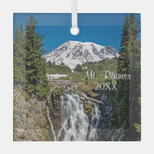 Majestic Mt. Rainier with Myrle Falls, Paradise Glass Ornament