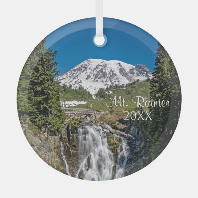 Majestic Mt. Rainier with Myrle Falls, Paradise Glass Ornament (Front)