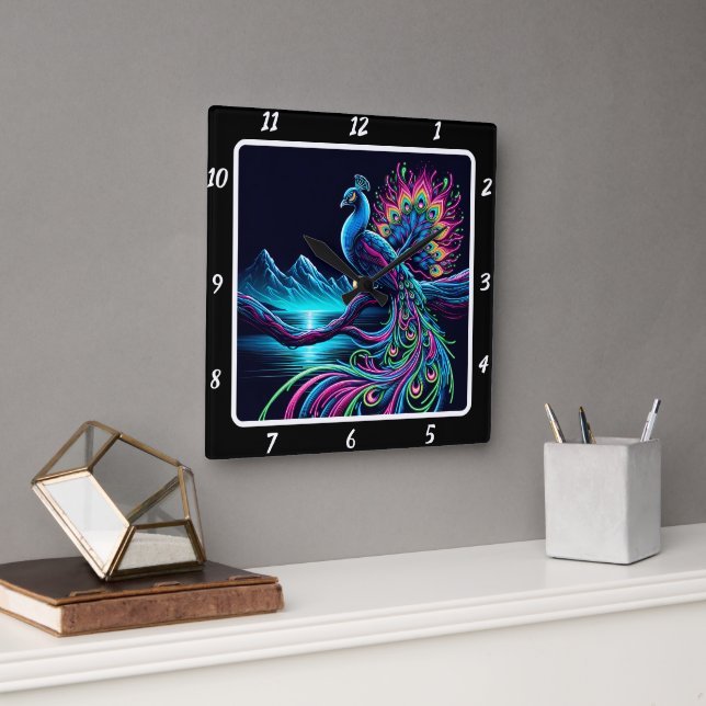 Majestic Neon Peacock  Square Wall Clock (Office)