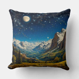 Majestic Night Sky Over Snow-Capped Mountains Throw Pillow