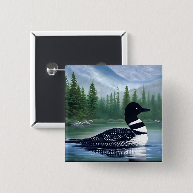Majestic Northern Wilderness Loon  2 Inch Square Button (Front & Back)