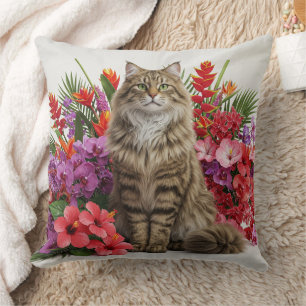 Majestic Norwegian Forest Cat with Tropical Flower Throw Pillow