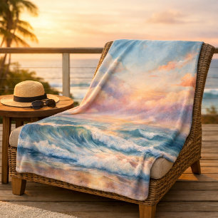 Majestic Ocean Sunset Waves Watercolor Coastal Sherpa Blanket