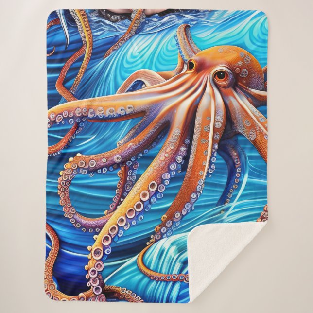 Majestic Octopus Blue Ocean Wave Expressionism Sherpa Blanket (Front)