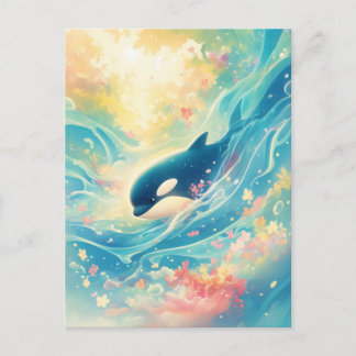 Majestic Orca in Sunlit Floral Sea Postcard