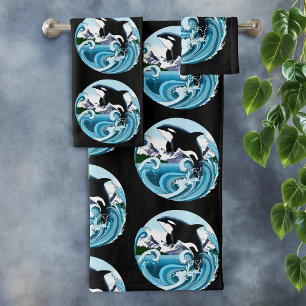 Majestic Orca Killer Whale Blue Waves Ocean Bath Towel Set