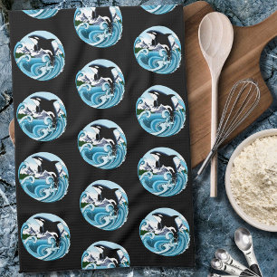Majestic Orca Killer Whale Blue Waves Ocean Kitchen Towel