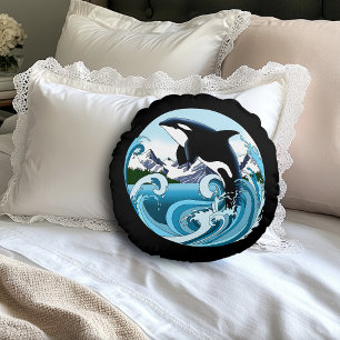 Majestic Orca Killer Whale Blue Waves Ocean Round Pillow