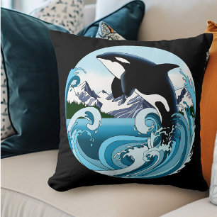 Majestic Orca Killer Whale Blue Waves Ocean Throw Pillow