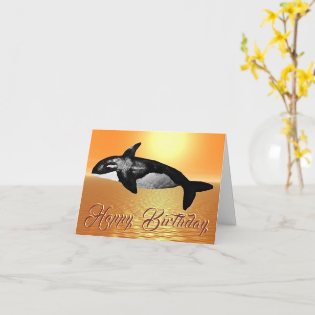 Majestic Orca Orange Ocean Sunset Birthday Card (Yellow Flower)