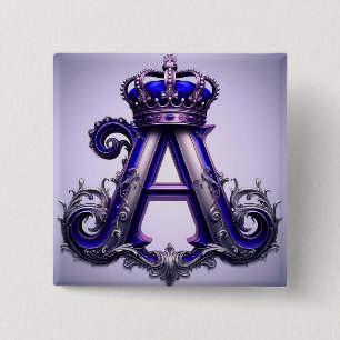 Majestic Ornate Letter A with Crown 2 Inch Square Button