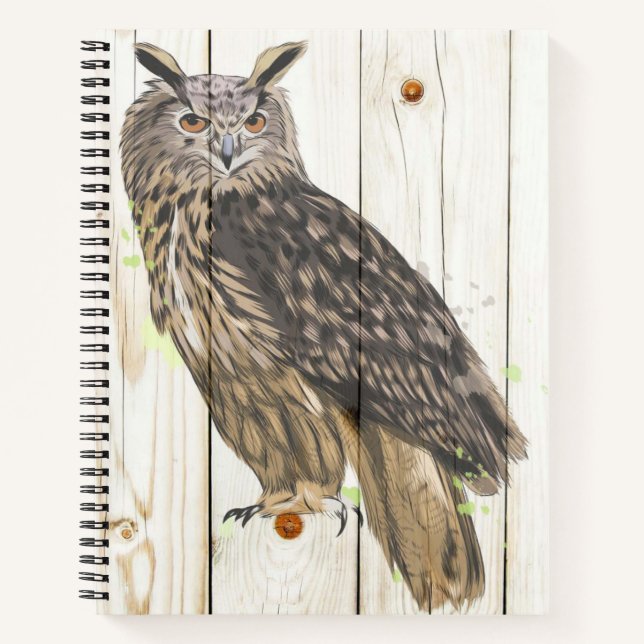 Majestic owl on faded wood planks paint spatters notebook (Front)