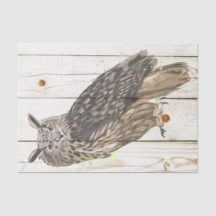 Majestic owl on faded wood planks tissue paper
